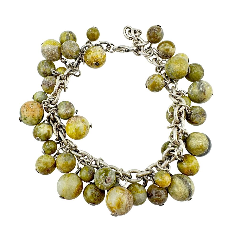 Olive Green Jasper Matte Polished Chacha Beaded Silver Tone 8" Fashion Bracelet
